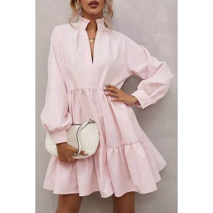 Pink Frilled Stand Collar Long Sleeve Ruffle Dress