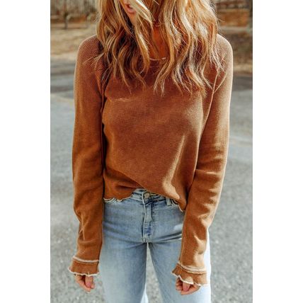 Brown Textured Round Neck Long Sleeve Top