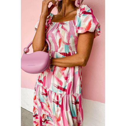 Pink Brush Stroke Printed Smocked Ruffle Tiered Dress