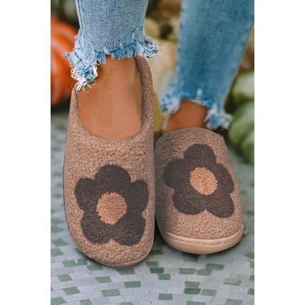 Camel Fuzzy Flower Pattern Homewear Slippers