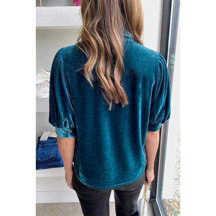 Peacock Blue Velvet Bow Tie Neck Short Sleeve Top