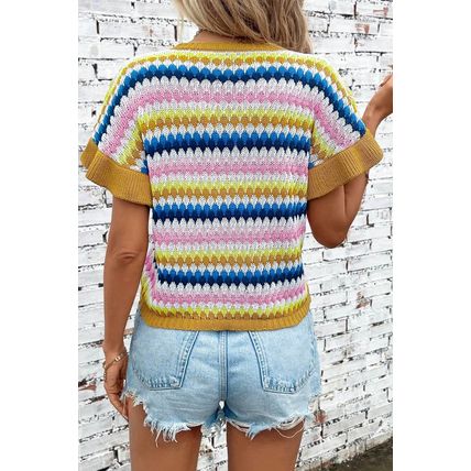 Khaki Trimmed Ruffle Sleeve Colorful Textured Sweater