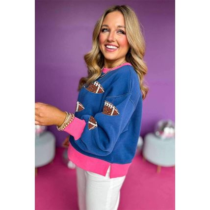 Blue Sequin Rugby Color Block Bubble Sleeve Sweatshirt