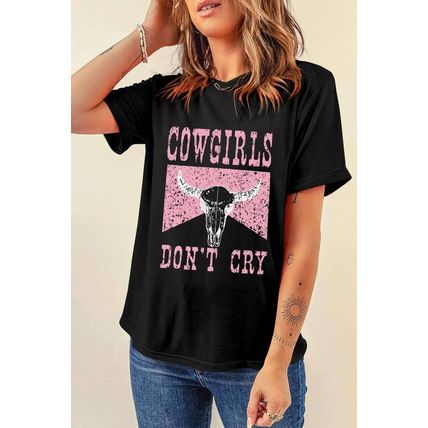 Black COWGIRL DONT CRY Steer Head Print Short Sleeve Top