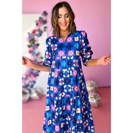 Blue Floral Peasant Sleeve Tiered Ruffle Midi Dress
