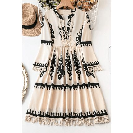 Beige Western Pattern Print Tasseled Notch V Neck Mini Dress