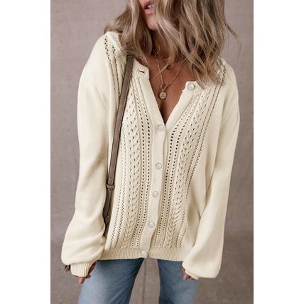 Apricot Pleated Sleeve Hollow Detail Button Sweater Cardigan