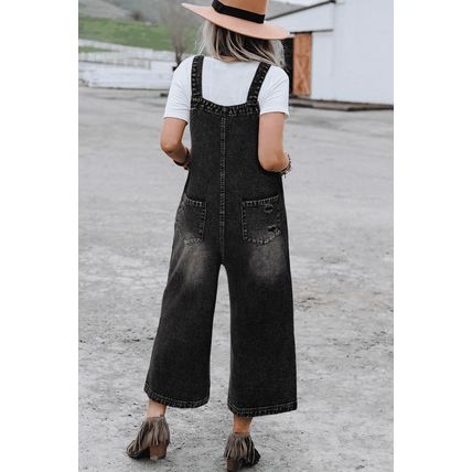 Black Distressed Bib Pocket Wide Leg Denim Overall