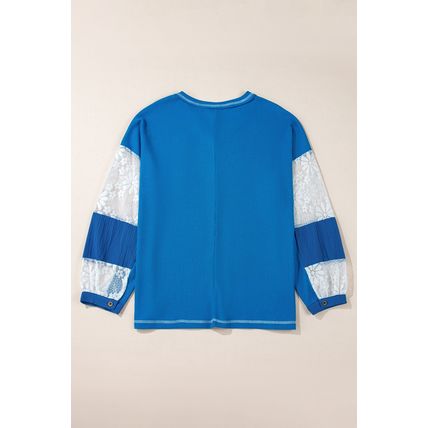 Sky Blue Lace Floral Patchwork Sleeve Stitching V Neck Rib Knit Blouse