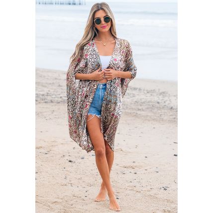 Apricot Floral Print Short Wide Sleeve Open Front Loose Kimono