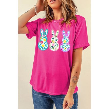 Rose Red Floral Easter Bunny Graphic Crew Neck Easter Tee