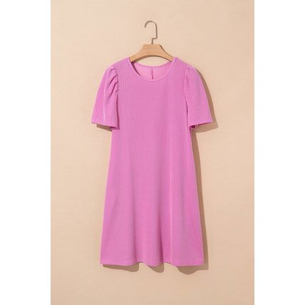 Bright Pink Corded Knit Crew Neck Puff Sleeve Shift Mini Dress