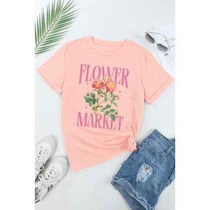 Pink FLOWER MARKET Graphic Crewneck T Shirt