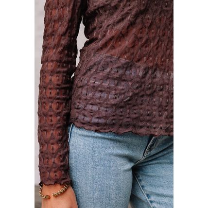 Coffee Sheer Mesh Patterned Lettuce Trim Slim Long Sleeve Top