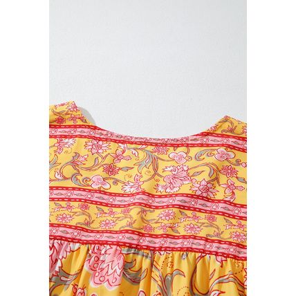 Yellow Floral Notched Neck Ruffled Sleeve Casual Blouse