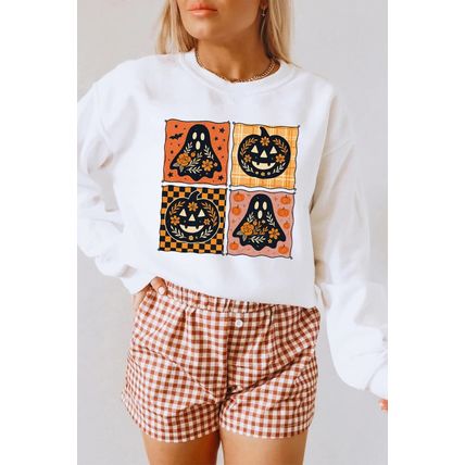 White Halloween Ghost Pumpkin Face Floral Checkered Graphic Sweatshirt