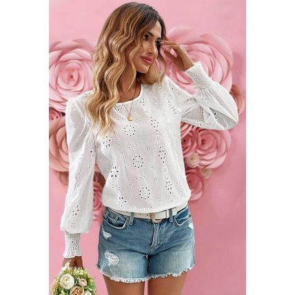 White Eyelet Embroidered Smocked Cuff Sheer Blouse