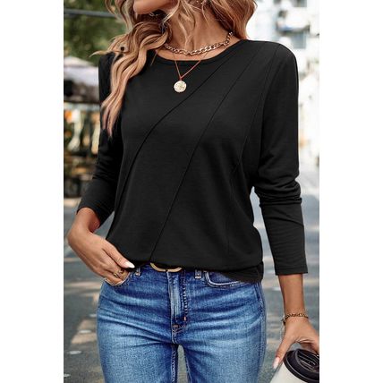 Black Asymmetric Seam Detail Solid Color Long Sleeve Top