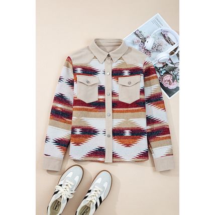 Multicolour Western Aztec Striped Patchwork Double Flap Pocket Raw Hem Shacket
