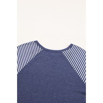 Navy Blue Contrast Print Striped Raglan Long Sleeve Loose Top