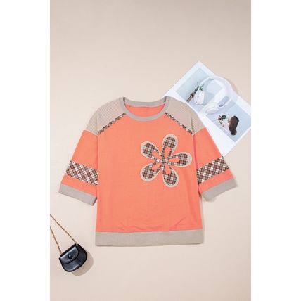 Grapefruit Orange Plaid Waffle Flower Patchwork Bracelet Sleeve Top