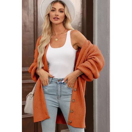 Gold Flame Button Front V Neck Chunky Cardigan Sweater