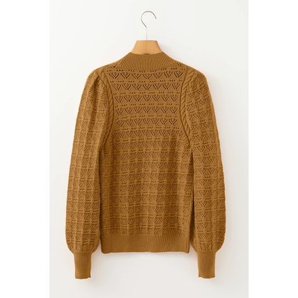 Jurassic Gold Hollow Out Crochet Ribbed Edge Balloon Sleeve Sweater