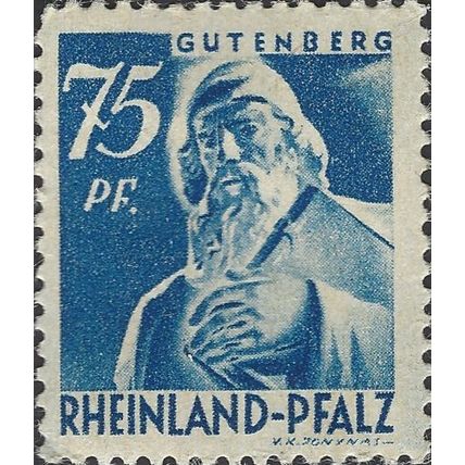 RHEINLAND PFALZ, Johannes Gutenberg, blue 1947, 75pf