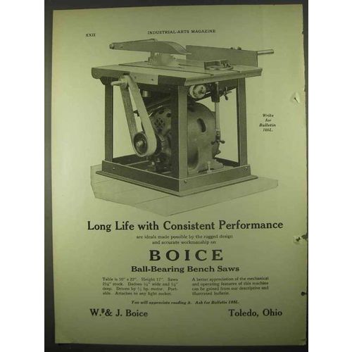 1922 Boice Ball-bearing Bench Saw Ad - Long Life