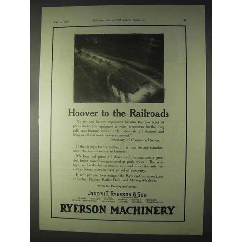 1922 Ryerson Machinery Ad - Hoover to the Railroads