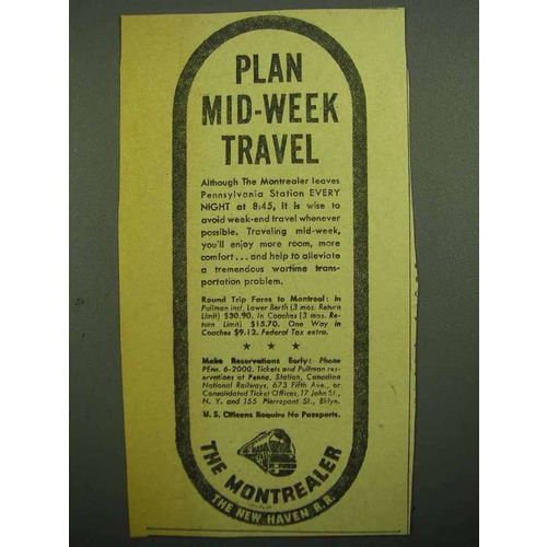 1943 New Haven Railroad Ad - Plan Mid-Week Travel