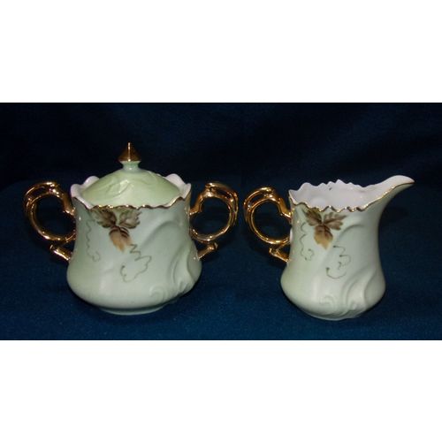 Lefton Green Vintage Green Heritage Fruit sugar and creamer 6264 vintage nice