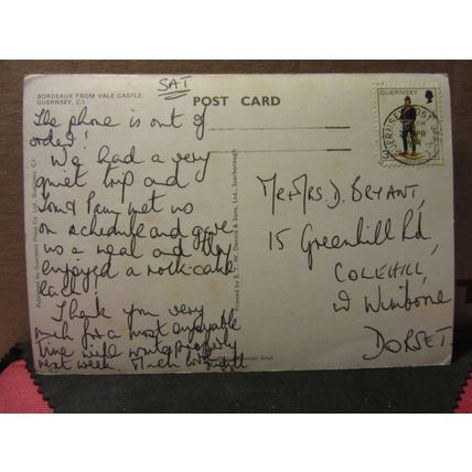 BORDEAUX FROM VALE CASTLE, GUERNSEY used postcard by Dennis 1974 pm =