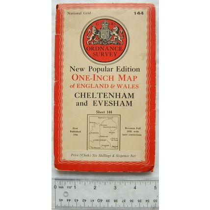 1946 OS 1" linen map Sheet 144 Cheltenham & Evesham, New Popular edition 1st