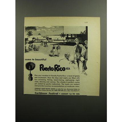 1952 Puerto Rico Tourism Ad - Come to beautiful Puerto Rico U.S.A.