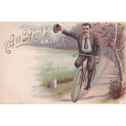 All Heil German Man On Bicycle Salute With Hat Old Postcard