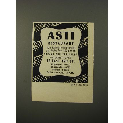 1954 Asti Restaurant Advertisement