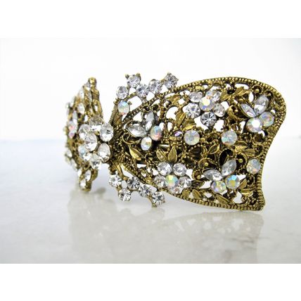 Large bronze gold bow leaves flowers amber purple blue crystal hair barrette