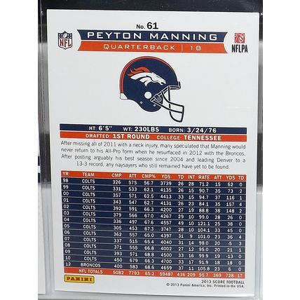 2013 Panini Score PEYTON MANNING (Broncos) base card #61