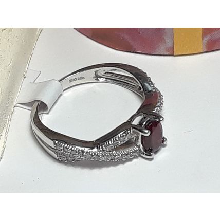 Natural Diamond & Oval Garnet .55ctw X sides design 10KT White Gold Ring #19967