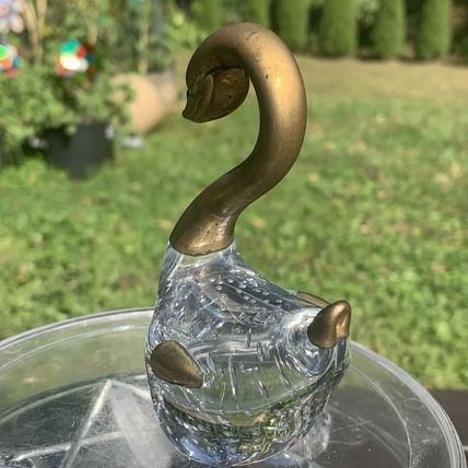 VTG Clear Glass Swan Figurine Paperweight Controlled Bubbles Brass Head Neck 4"