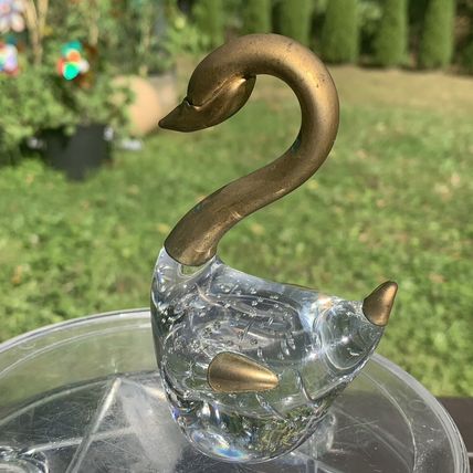 VTG Clear Glass Swan Figurine Paperweight Controlled Bubbles Brass Head Neck 4"