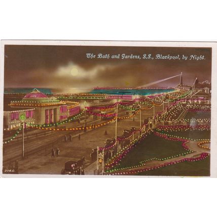 B747 S.S. BLACKPOOL-THE BATH AND GARDENS BY NIGHT .COLOURED POSTCARD