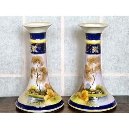 Pair of Candle Stick Holders, Noritake China, 1930s Japanese Porcelain Swan Lake