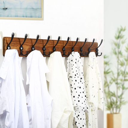 WEBI Wall Mounted Coat Rack, 38 9/16" Long, 10 Hooks, Wood Hanger Rail with Trip