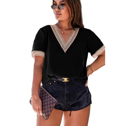 Black Lace Trim Short Sleeve V Neck Plus Size Top