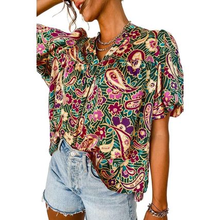 Green V Neck Short Bubble Sleeve Paisley Blouse