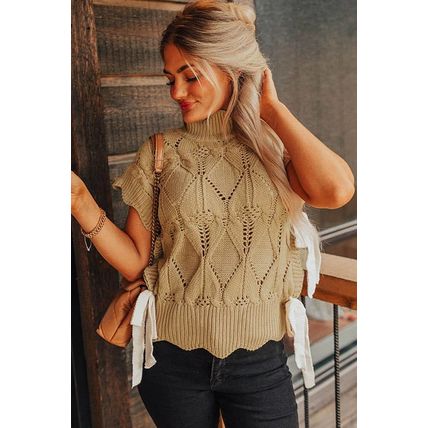 Light French Beige Hollowed Knit Scalloped Trim High Neck Sweater