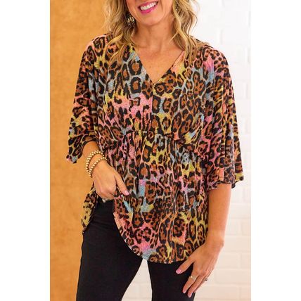 White Leopard Print Wide Sleeve Peplum Hem Blouse