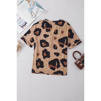 Light French Beige Leopard Folded Short Sleeve Buttoned V Neck T Shirt
